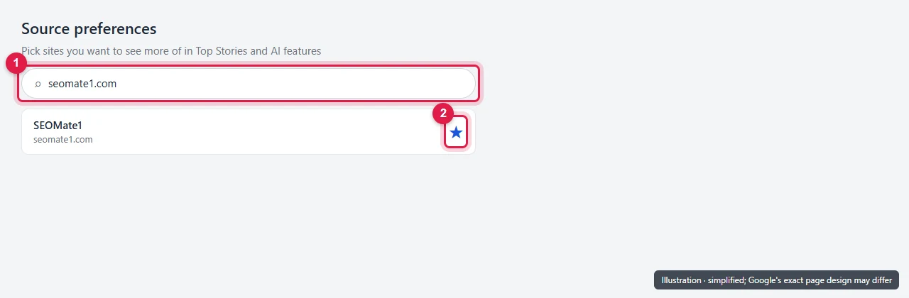 Simplified illustration of Google's source preferences page with a site typed into the search box and selected