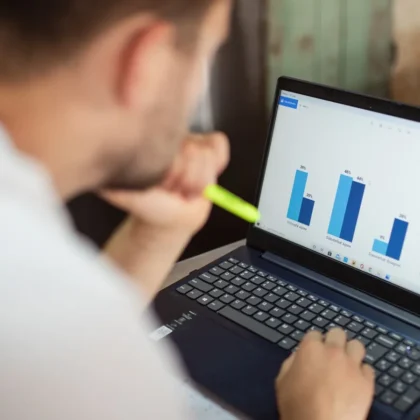 Analyst reviewing bar charts on a laptop to understand AI Mode impressions, clicks and position