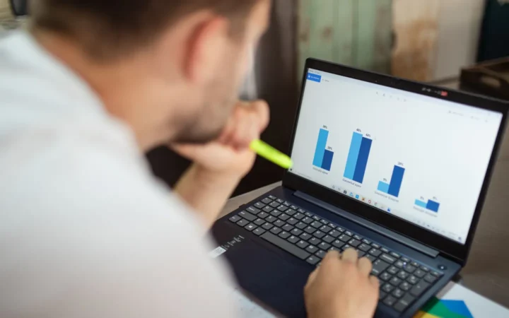 Analyst reviewing bar charts on a laptop to understand AI Mode impressions, clicks and position