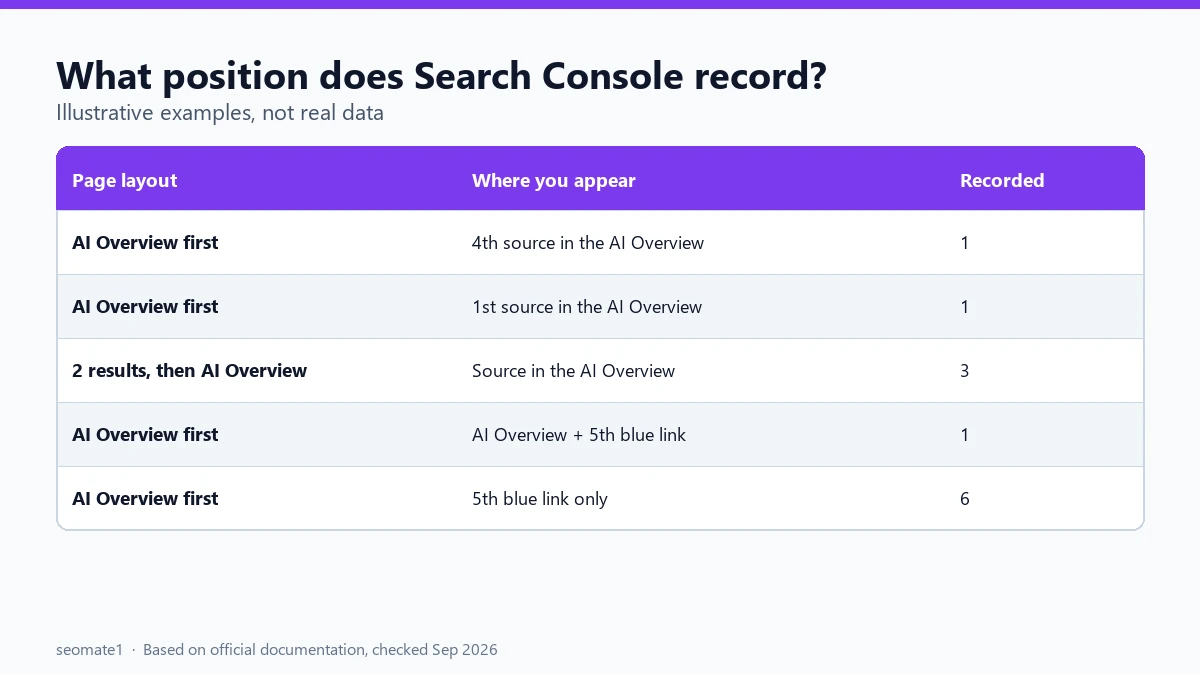 Table of example AI Overview placements and the position Search Console records