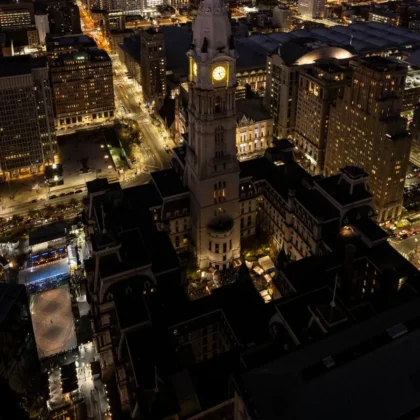 Philadelphia City Hall and skyline lit up at night, the city whose SEO agencies are reviewed in this guide