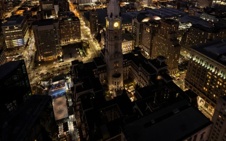 Philadelphia City Hall and skyline lit up at night, the city whose SEO agencies are reviewed in this guide