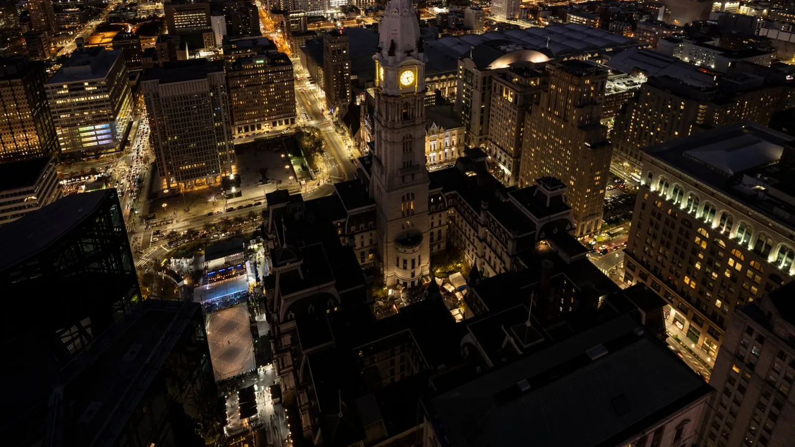 Philadelphia City Hall and skyline lit up at night, the city whose SEO agencies are reviewed in this guide