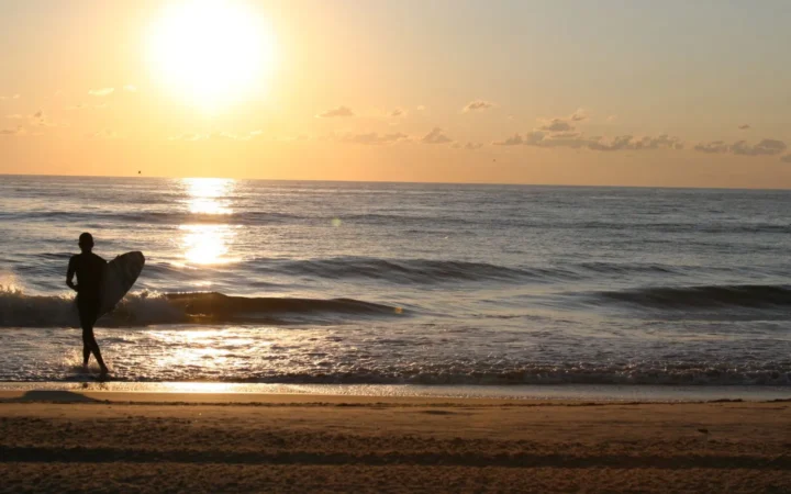 Surfer silhouetted at sunrise on Virginia Beach, the city whose SEO agencies are reviewed in this guide