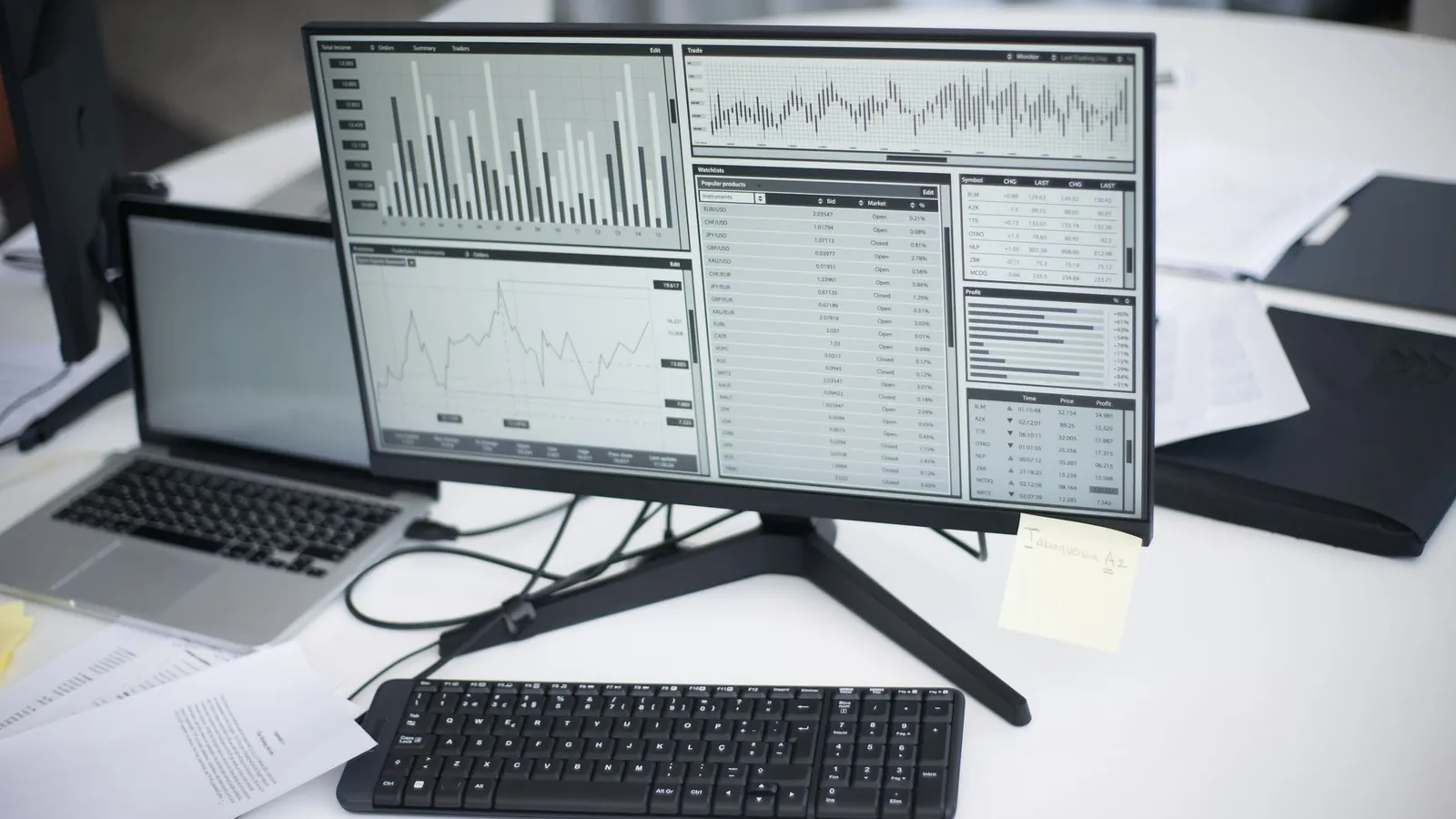 Analytics dashboards on a desk monitor and laptop, used to compare Search Console clicks with GA4 sessions