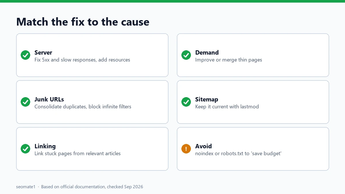 Checklist of fixes for Discovered currently not indexed matched to each cause