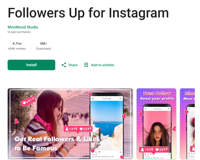 Followers Up for Instagram listing on Google Play with 5M+ downloads and a Get Real Followers banner