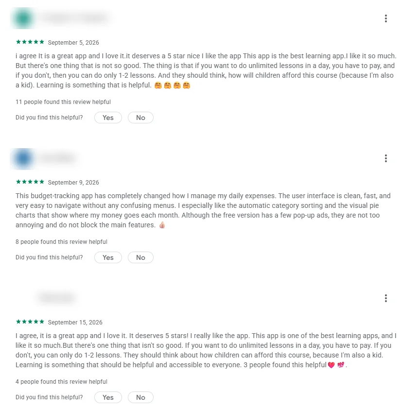 Five-star Google Play reviews on Followers Up describing a learning app and a budget app, names blurred