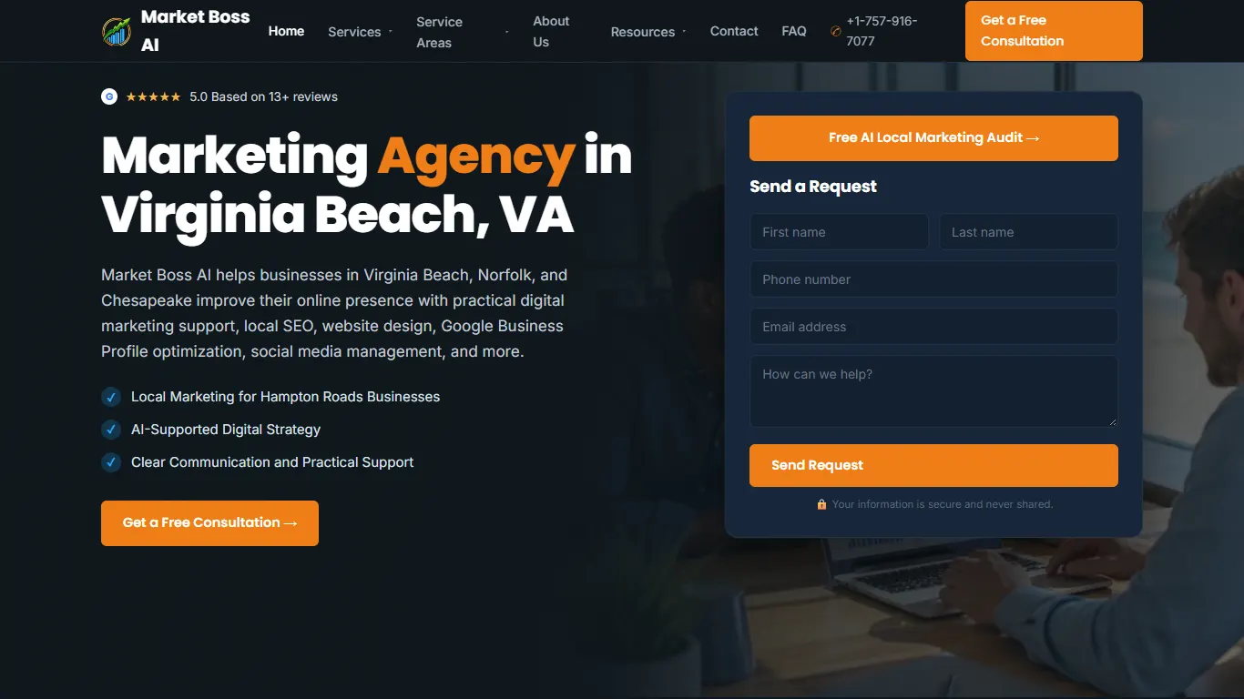 Market Boss AI homepage, an SEO agency in Virginia Beach, VA