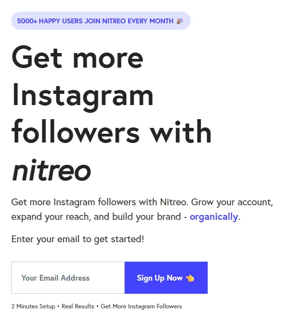 Nitreo homepage promising more Instagram followers organically