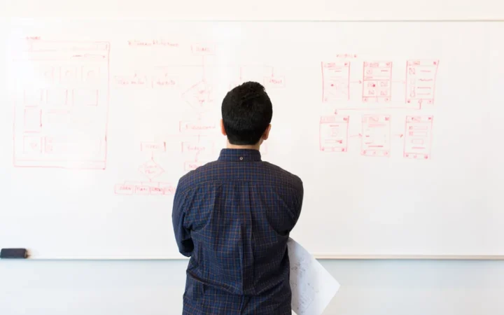 Person planning a website structure on a whiteboard, like mapping Search Console parent and child properties