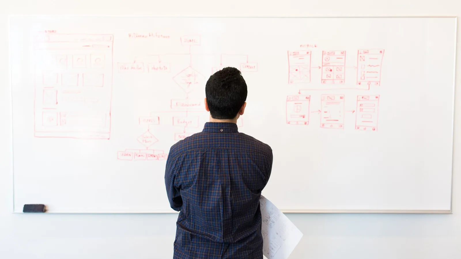 Person planning a website structure on a whiteboard, like mapping Search Console parent and child properties