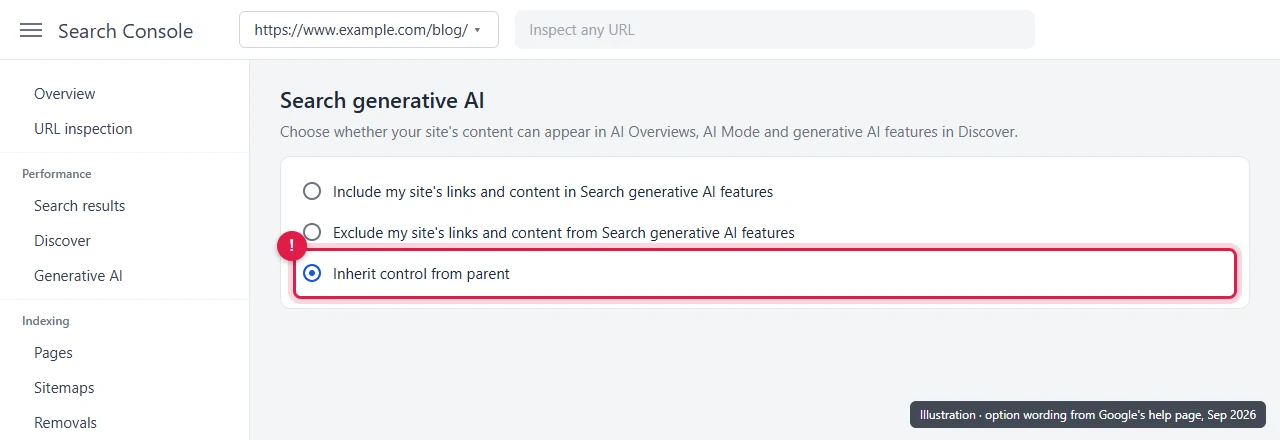Search generative AI control with the Inherit control from parent option highlighted