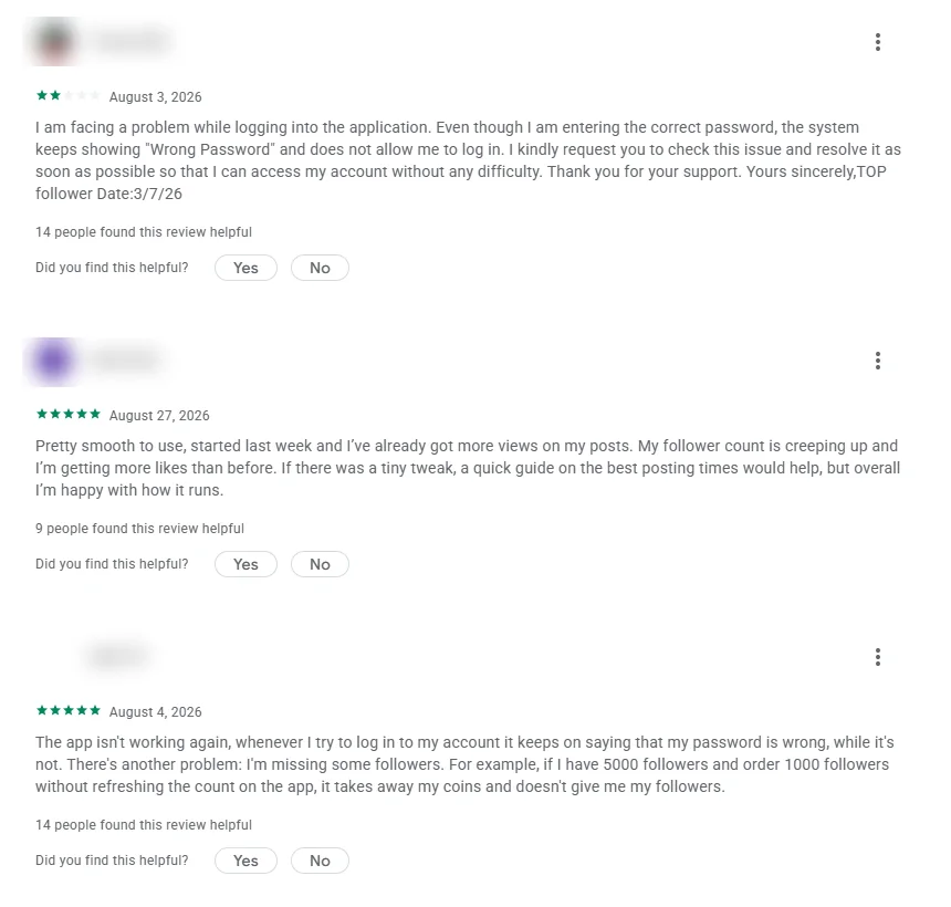 Google Play reviews of TopFollow mentioning a Wrong Password login error and ordering followers with coins