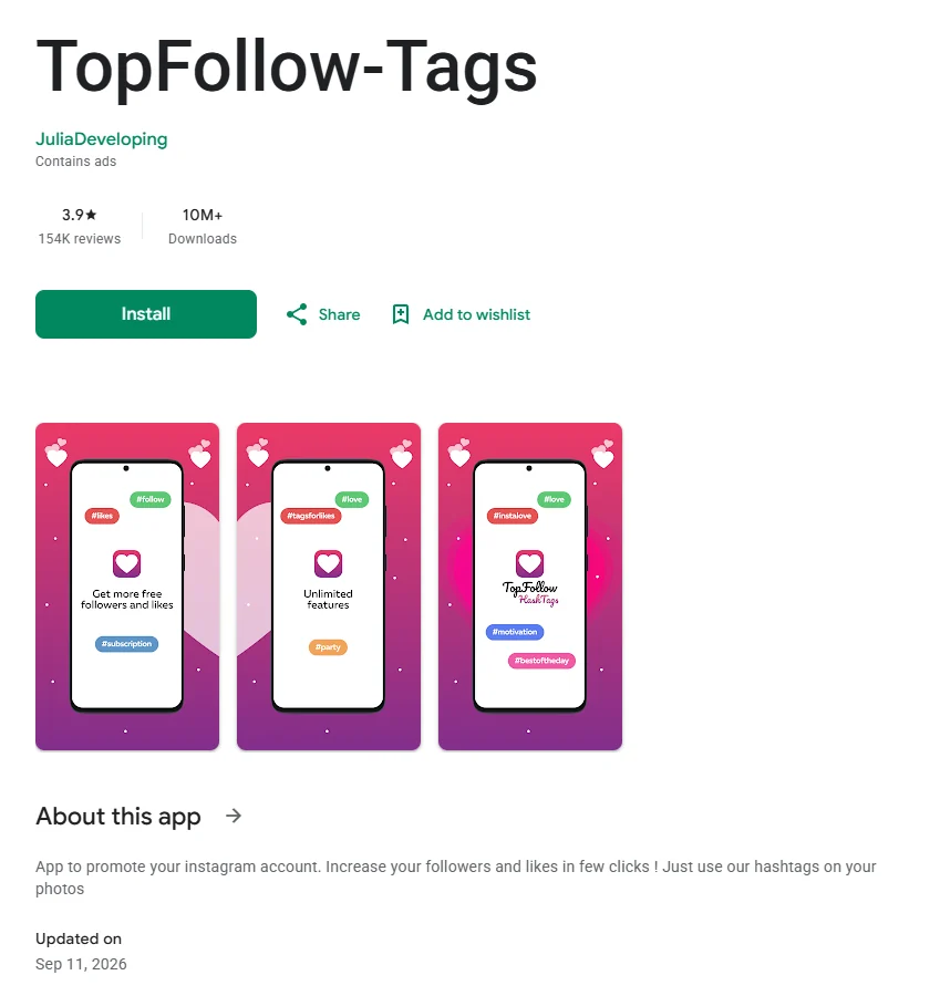 TopFollow-Tags listing on Google Play with 10M+ downloads and a hashtags description