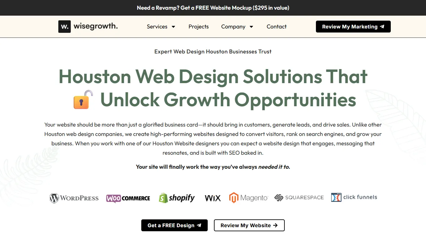 Wise Growth Marketing homepage, an SEO agency in The Woodlands, TX