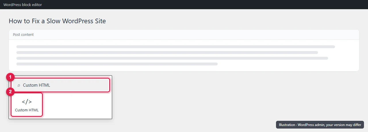 WordPress block inserter with Custom HTML typed in the search box and the Custom HTML block highlighted