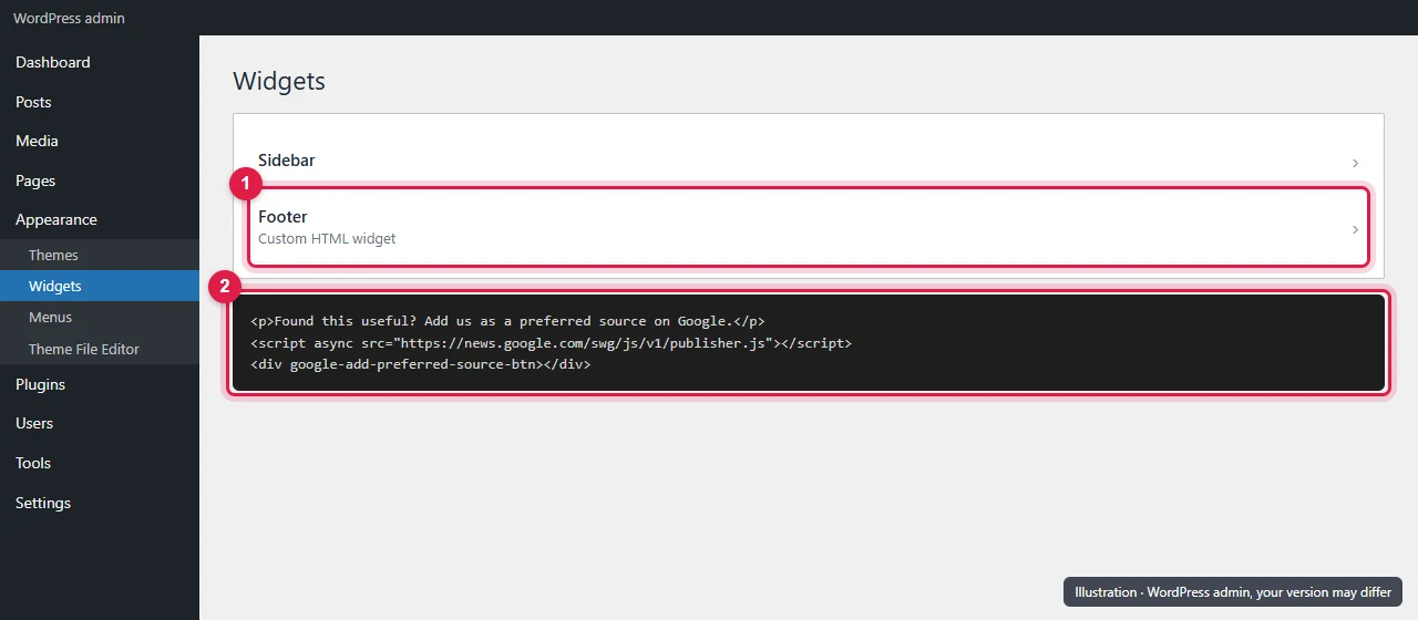 WordPress Widgets screen with a Custom HTML widget in the footer area