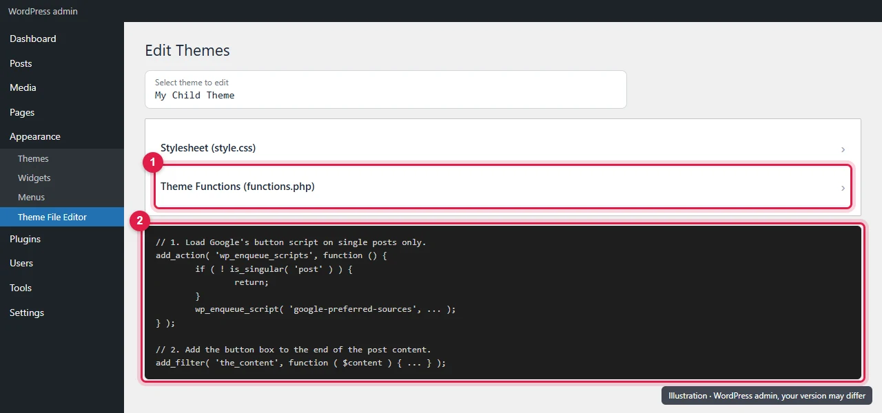 WordPress Theme File Editor with the child theme's functions.php file open